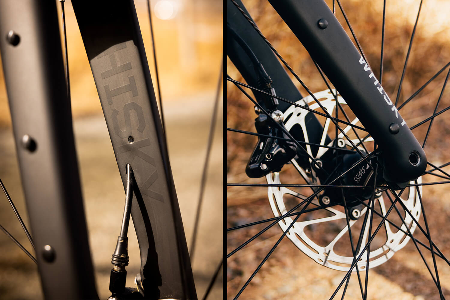 Side by side closeups of the CXLR fork. The left shows the internal routing, the right shows a brake caliper mounted.
