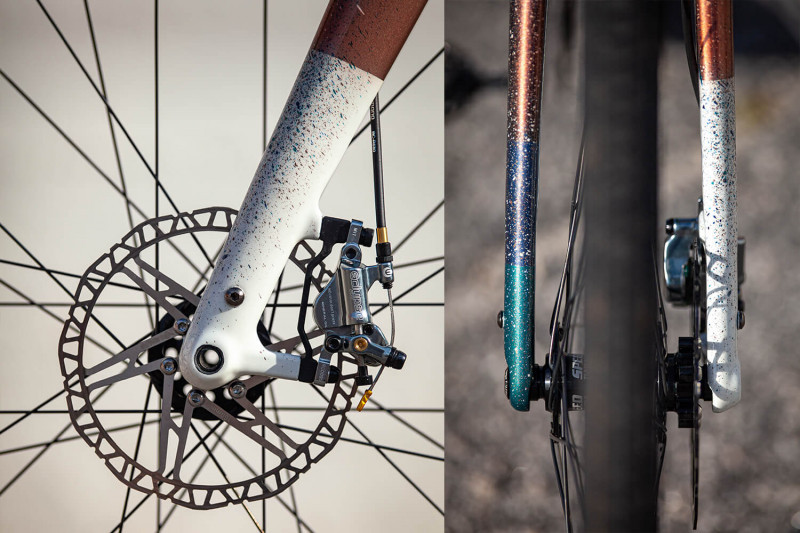 Composite image of the disc brake caliper and rotor on the left, and a closeup view of the rear tire and seat stay on the right.